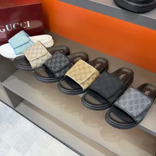 Gucci GG Marmont Slide काला बेज Monogram Webbing Strap Molded Rubber Sole Slippers