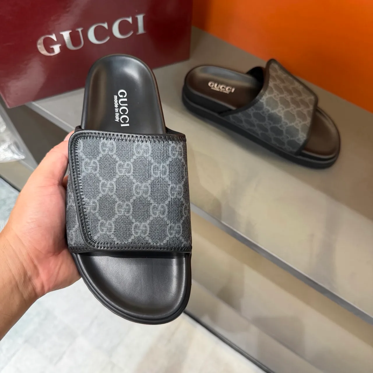 Gucci GG Marmont Slide Black Beige Monogram Webbing Strap Molded Rubber Sole Slippers 2