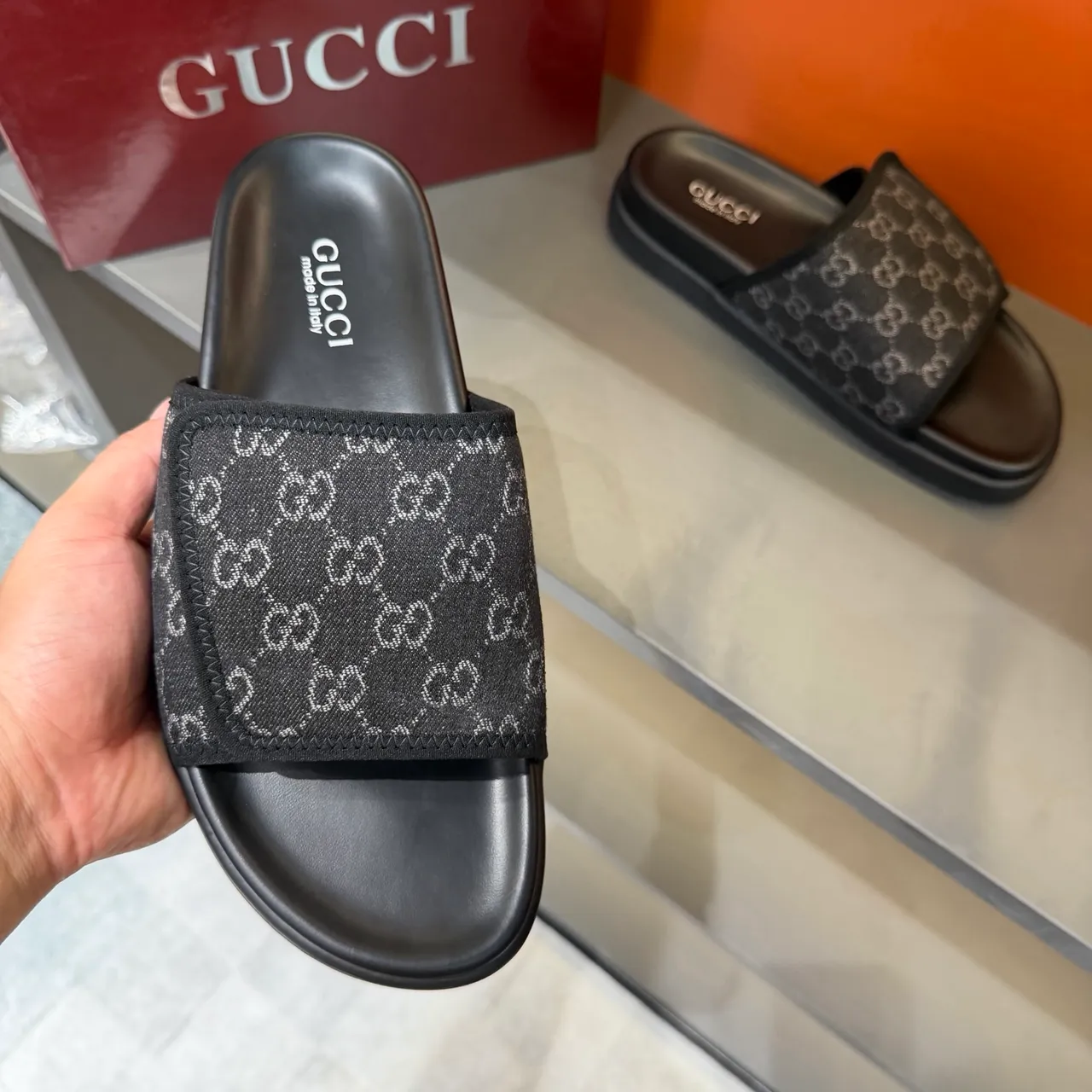 Gucci GG Marmont Slide Black Beige Monogram Webbing Strap Molded Rubber Sole Slippers 3