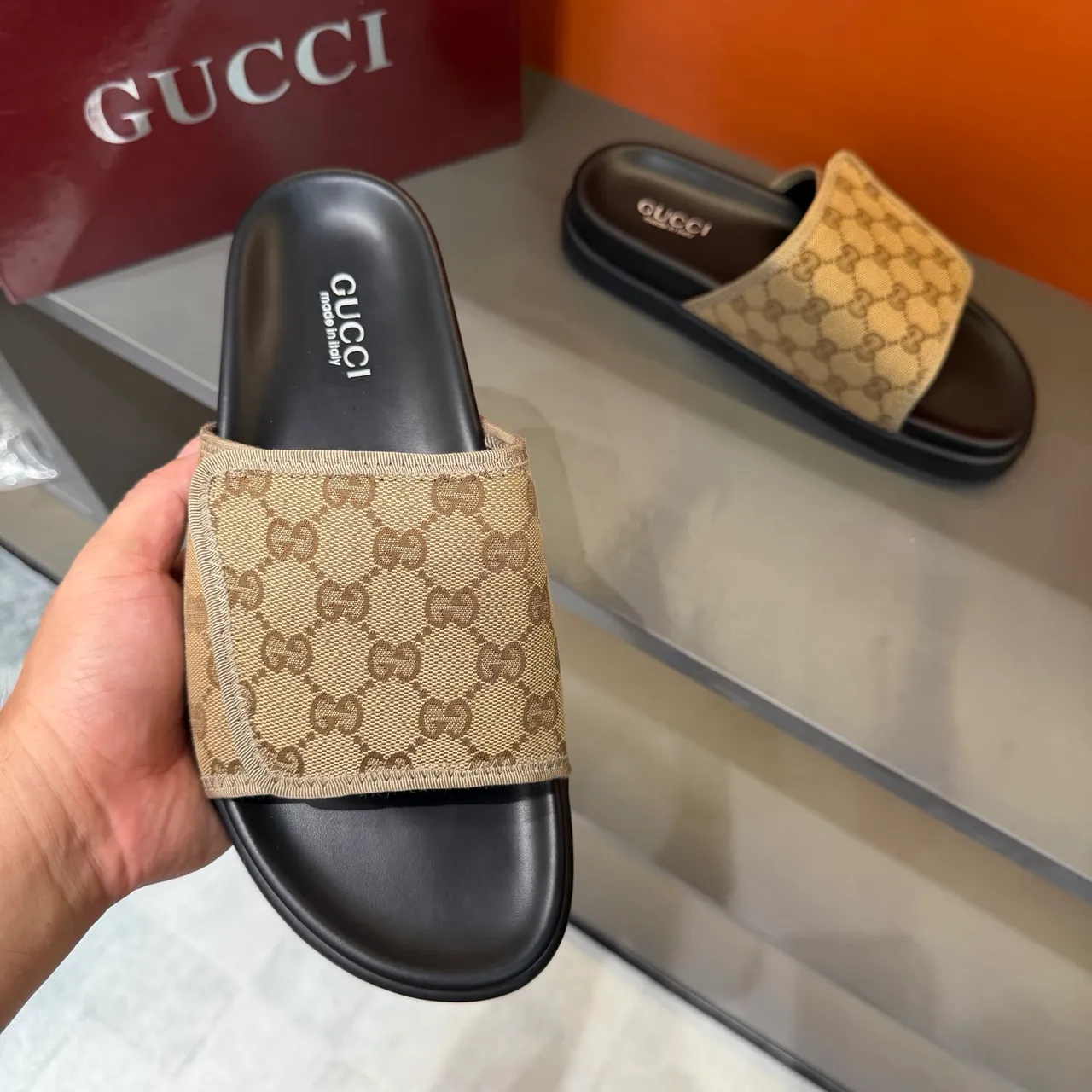 Gucci GG Marmont Slide Black Beige Monogram Webbing Strap Molded Rubber Sole Slippers 4