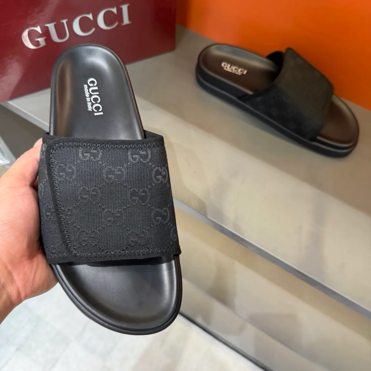Gucci GG Marmont Slide Black Beige Monogram Webbing Strap Molded Rubber Sole Slippers 5