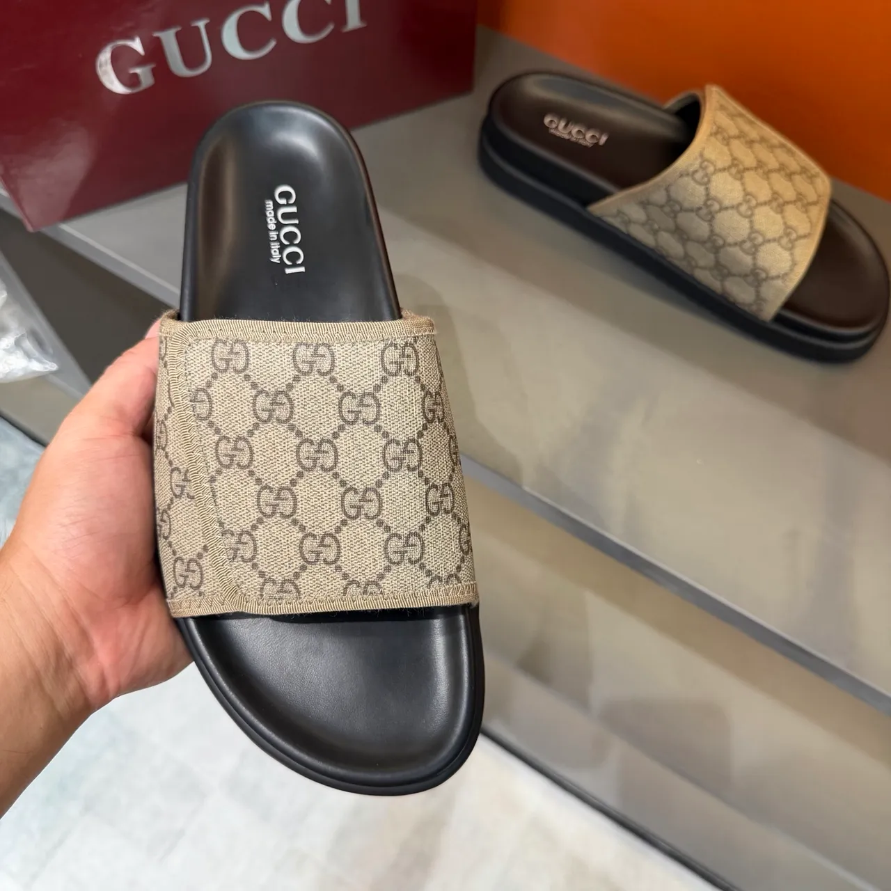 Gucci GG Marmont Slide Black Beige Monogram Webbing Strap Molded Rubber Sole Slippers 6