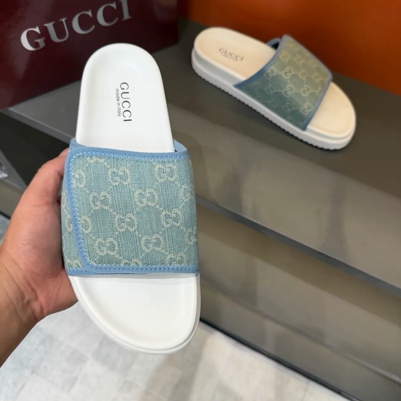 Gucci GG Marmont Slide Black Beige Monogram Webbing Strap Molded Rubber Sole Slippers 7