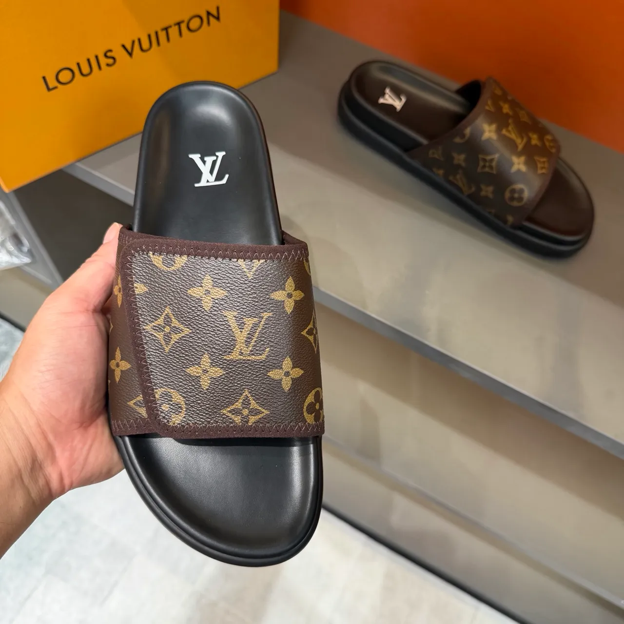 Gucci GG Marmont Slide Black Beige Monogram Webbing Strap Molded Rubber Sole Slippers 13