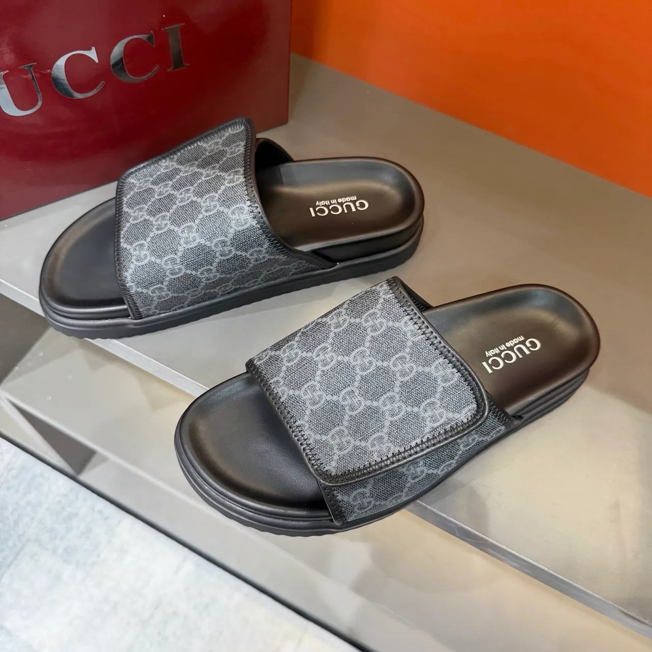 Gucci GG Marmont Slide Black Beige Monogram Webbing Strap Molded Rubber Sole Slippers 14