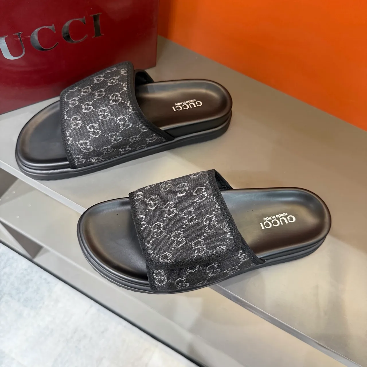 Gucci GG Marmont Slide Black Beige Monogram Webbing Strap Molded Rubber Sole Slippers 15