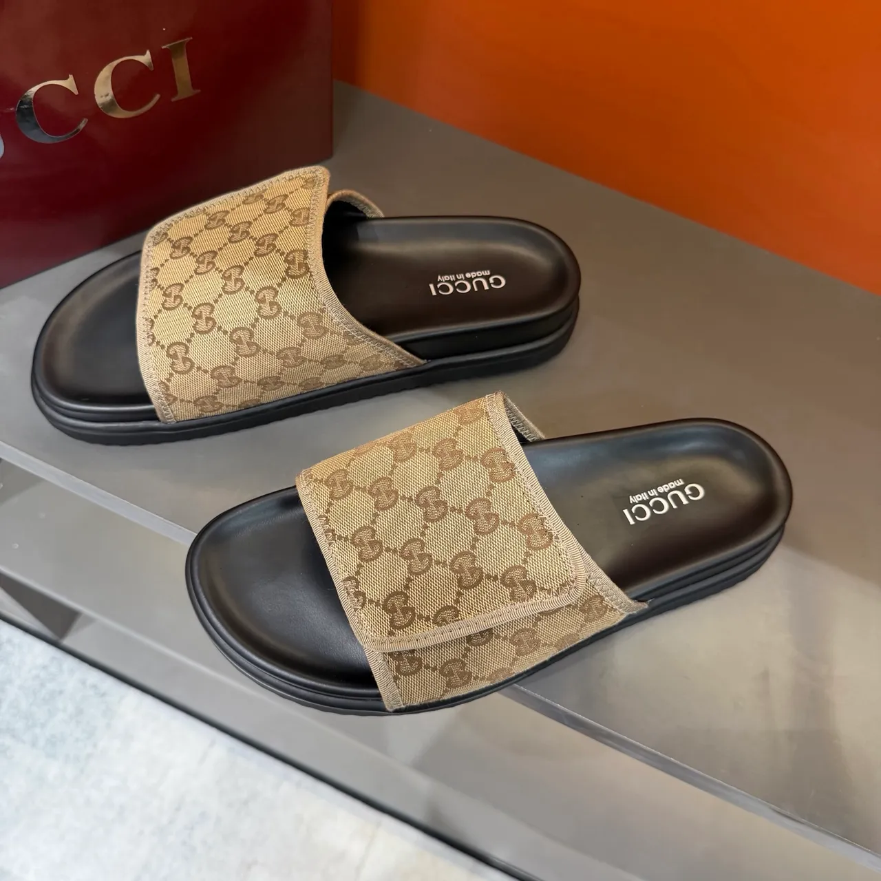 Gucci GG Marmont Slide Black Beige Monogram Webbing Strap Molded Rubber Sole Slippers 16