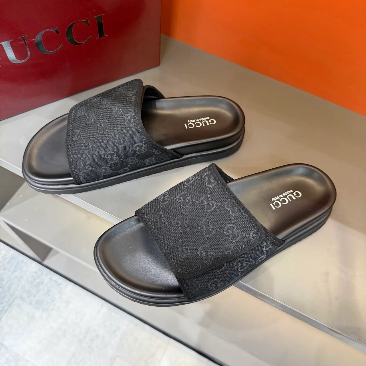 Gucci GG Marmont Slide Black Beige Monogram Webbing Strap Molded Rubber Sole Slippers 17