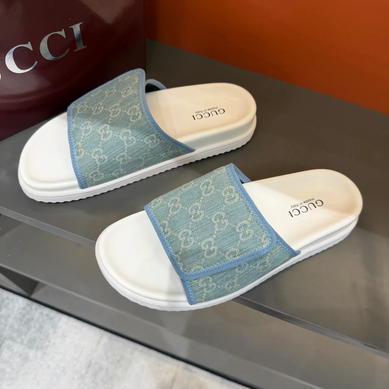 Gucci GG Marmont Slide Black Beige Monogram Webbing Strap Molded Rubber Sole Slippers 19