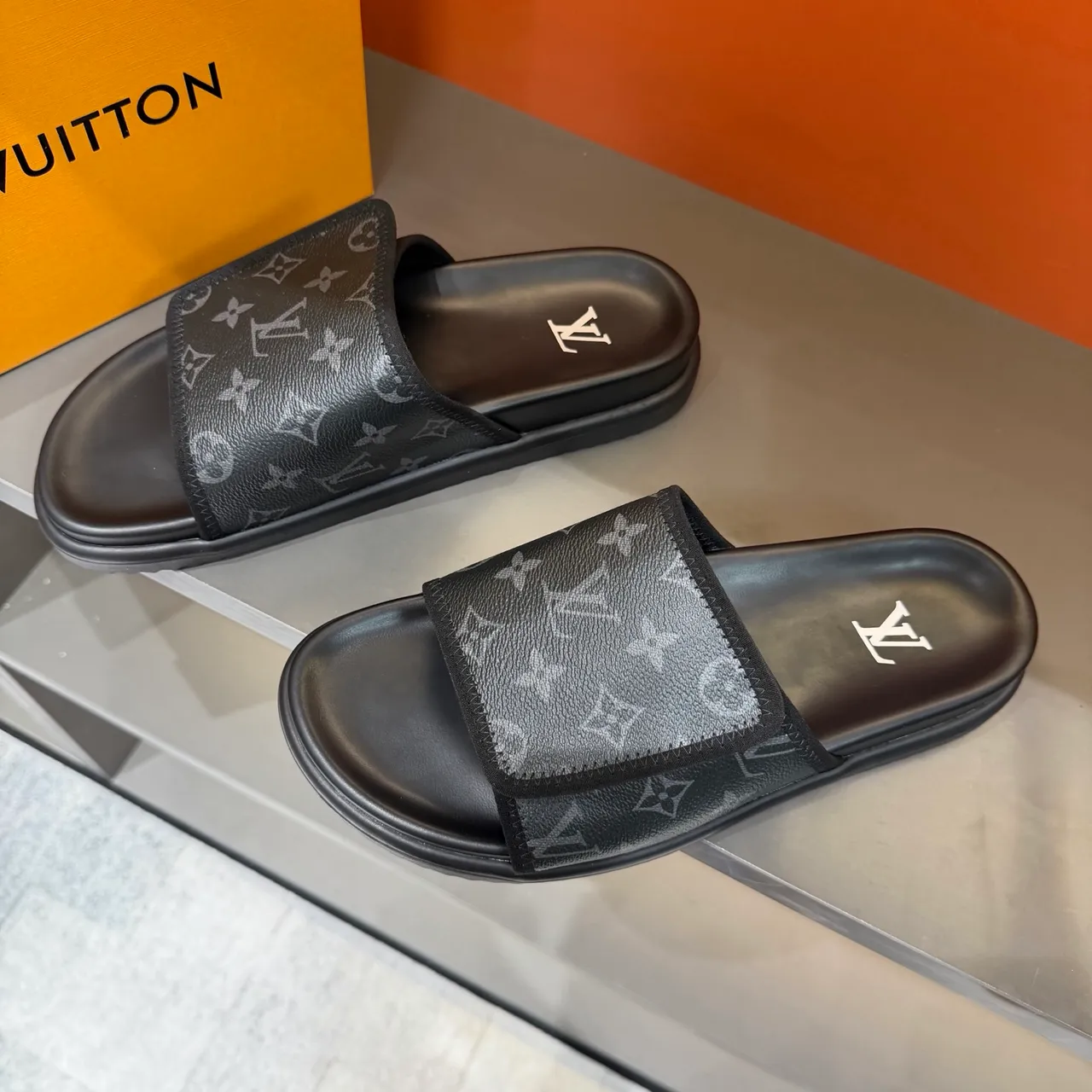 Gucci GG Marmont Slide Black Beige Monogram Webbing Strap Molded Rubber Sole Slippers 24