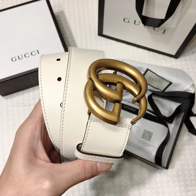 Gucci GG Marmont Ceinture en cuir lisse boucle Interlocking Double-G en or blanc 2