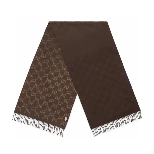Gucci GG Monogram Cachecol duplo-face marrom e bege de cashmere 2