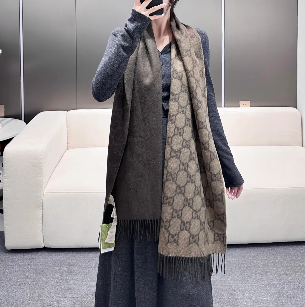 Gucci GG Monogram Jacquard Fringed Cashmere Scarf 2