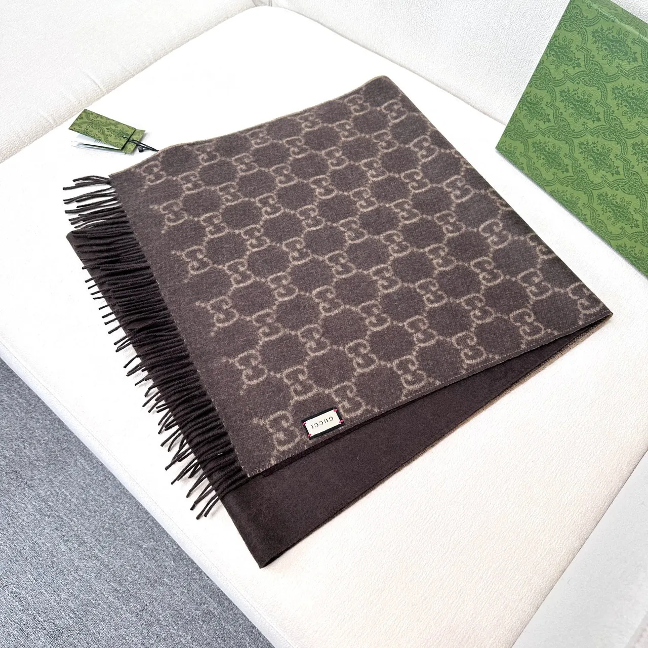 Gucci GG Monogram Jacquard Fringed Cashmere Scarf 5