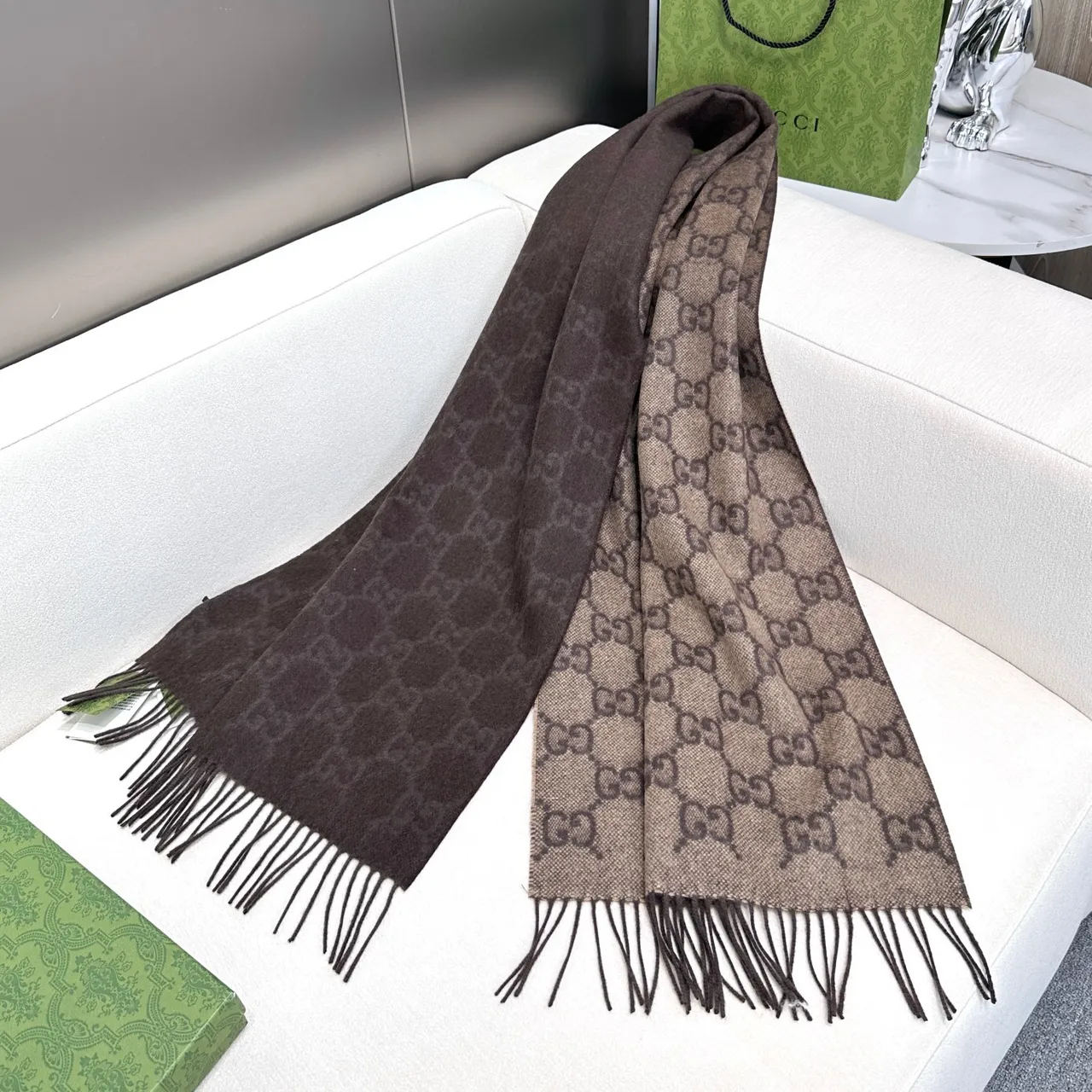 Gucci GG Monogram Jacquard Fringed Cashmere Scarf 6