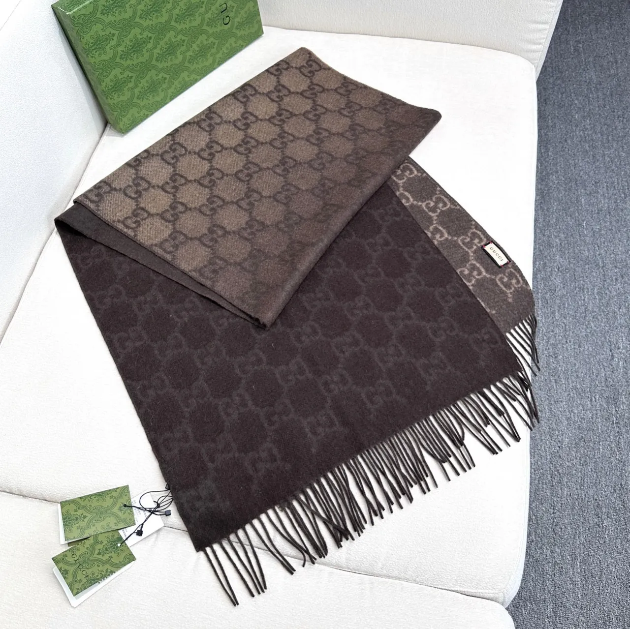 Gucci GG Monogram Jacquard Fringed Cashmere Scarf 8
