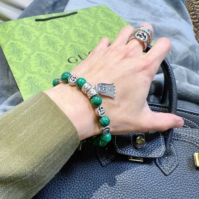 Gucci Ghost Malachite Bead Interlocking G Charm Stretch Bracelet 2