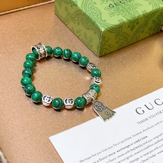 Gucci Ghost Malachite Bead Interlocking G Charm Stretch Bracelet 3