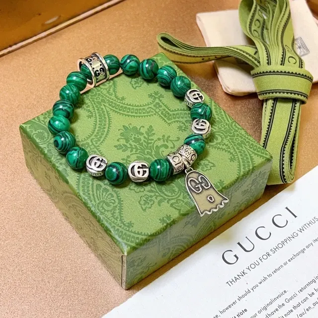 Gucci Ghost Malachite Bead Interlocking G Charm Stretch Bracelet 4