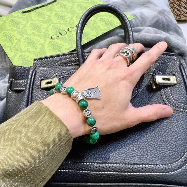 Gucci Ghost Malachite Bead Interlocking G Charm Stretch Bracelet 5