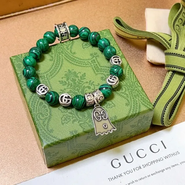 Gucci Ghost Malachite Bead Interlocking G Charm Stretch Bracelet 6