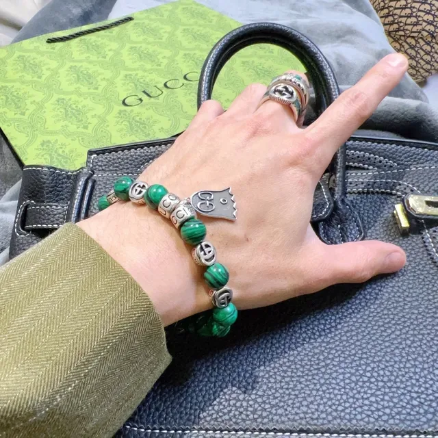 Gucci Ghost Malachite Bead Interlocking G Charm Stretch Bracelet 8