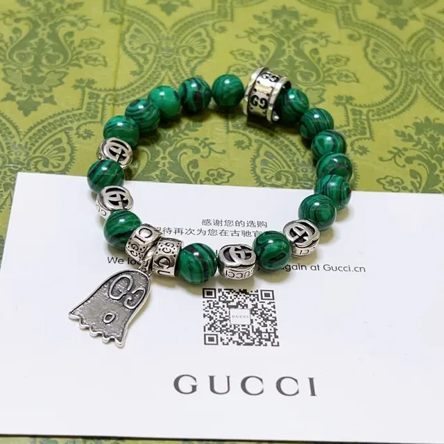 Gucci Ghost Malachite Bead Interlocking G Charm Stretch Bracelet 9