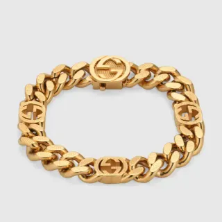 Gucci Gold Chunky Curb-Link Embossed Interlocking G Motifs Bracelet