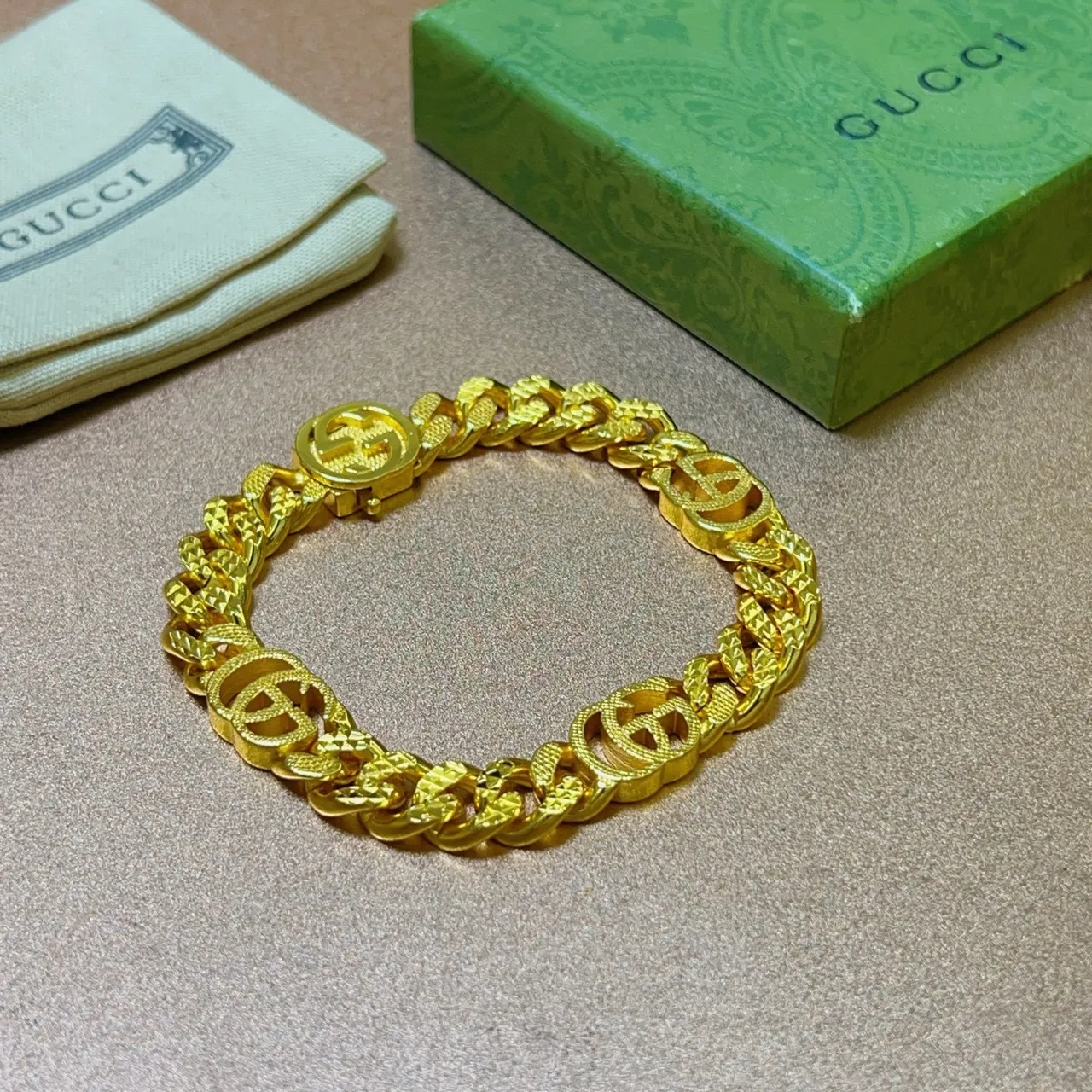 Gucci Gold Chunky Curb-Link Interlocking G Logo Bracelet 2