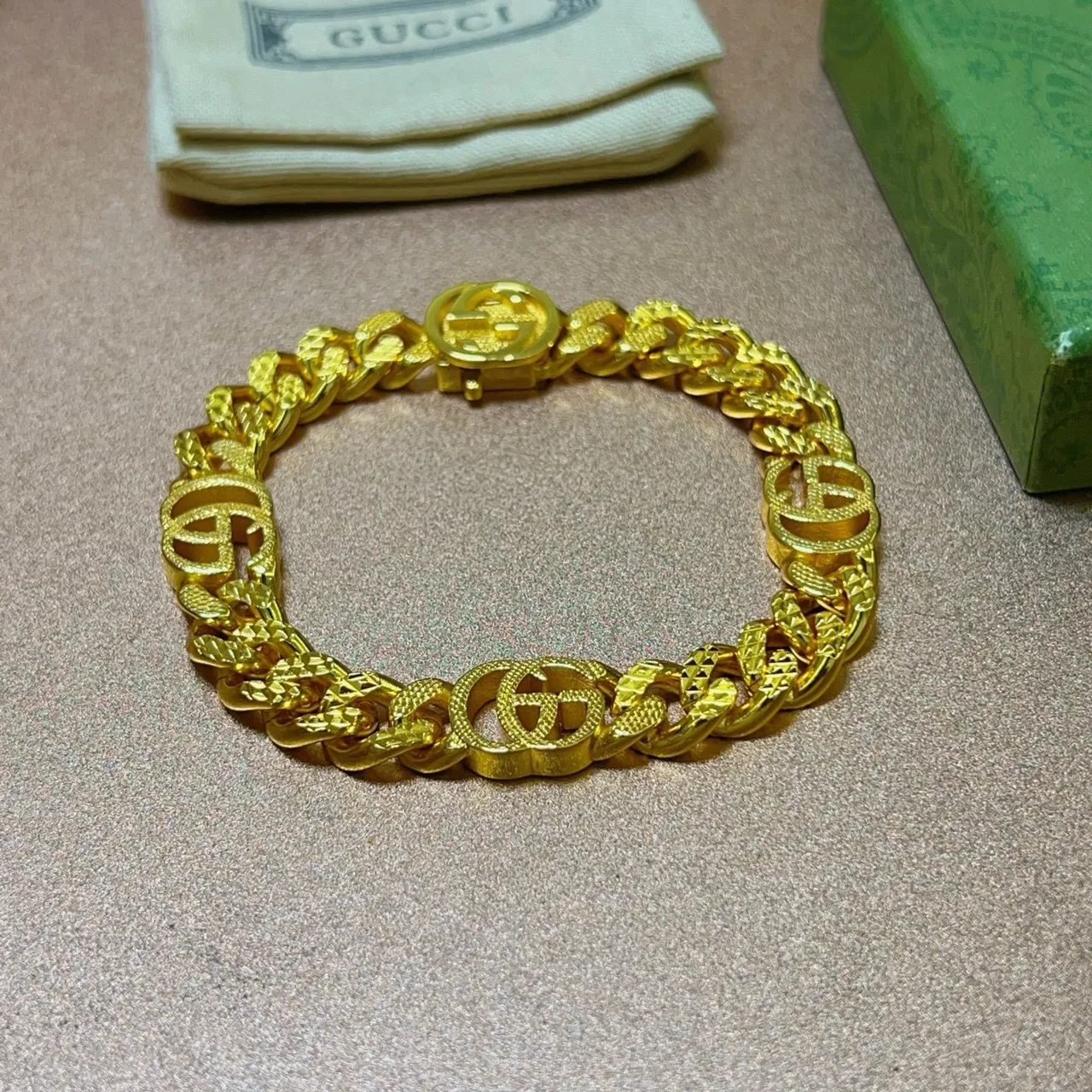 Gucci Gold Chunky Curb-Link Interlocking G Logo Bracelet 9