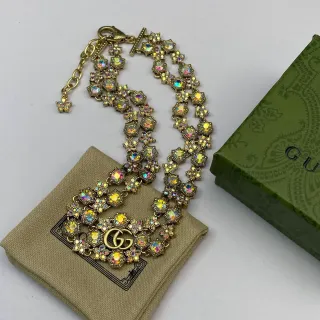 Gucci Gold Multicolor Metal Iridescent Crystal Embellishment Necklace