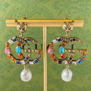 Gucci Gold Multicolor Tiger Head Stud Interlocking G Motif Earrings