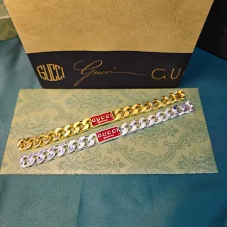 Gucci Gold Silver Chunky Curb-Link Chain Red Enamel Logo Plaque Bracelet