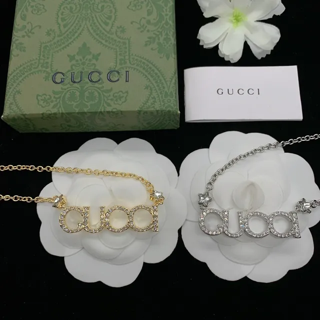 Gucci Gold Silver Crystal-Encrusted Logo Pendant Necklace 2