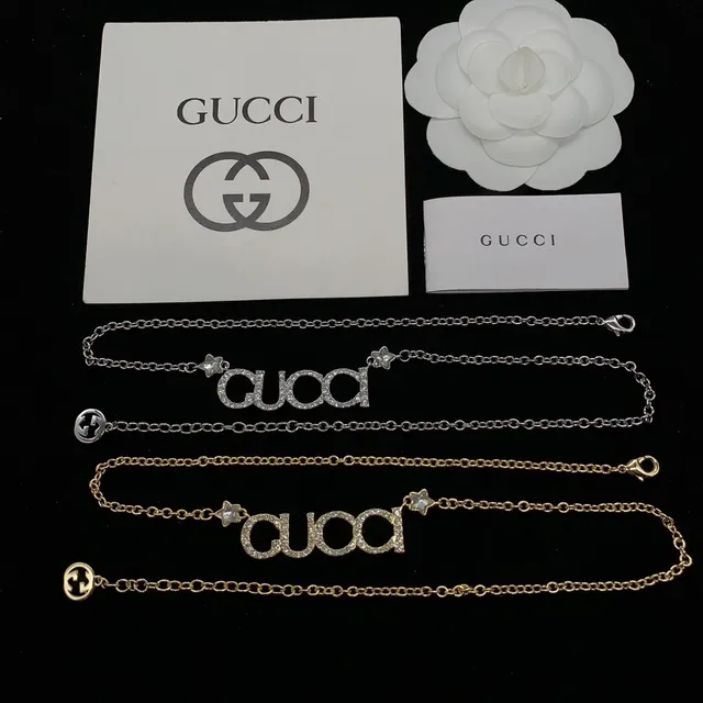Gucci Gold Silver Crystal-Encrusted Logo Pendant Necklace 3