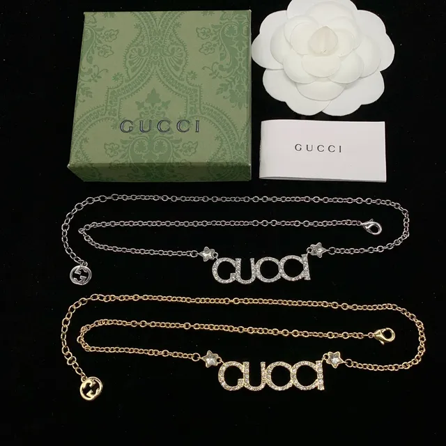 Gucci Gold Silver Crystal-Encrusted Logo Pendant Necklace 4