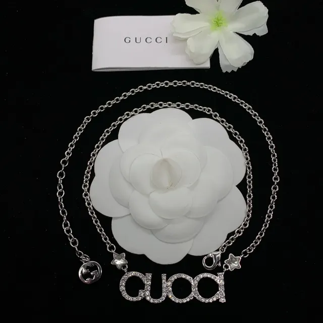 Gucci Gold Silver Crystal-Encrusted Logo Pendant Necklace 5