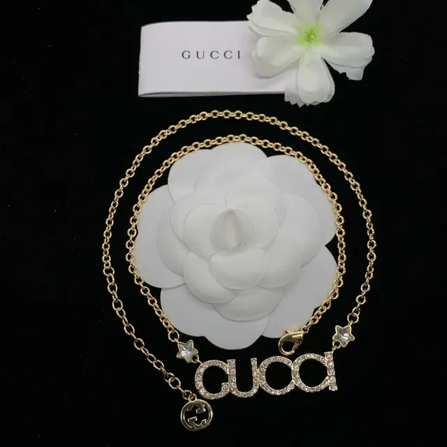 Gucci Gold Silver Crystal-Encrusted Logo Pendant Necklace 6