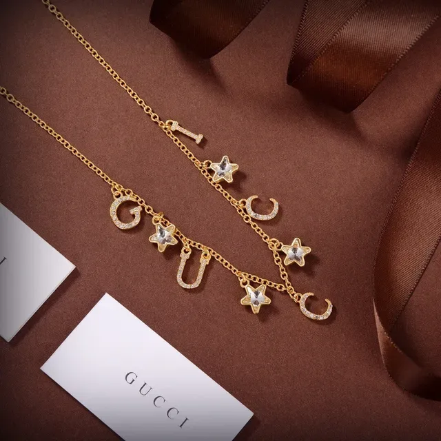 Gucci Gold Transparent Chain Dangling Letter Charms Necklace 8