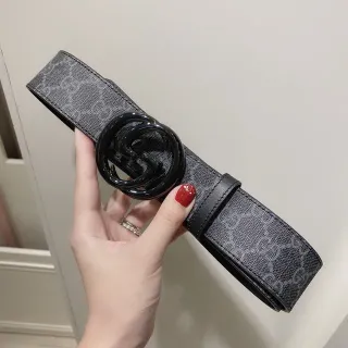Gucci Gray Black Monogram Canvas Interlocking Double G Buckle Leather Belt
