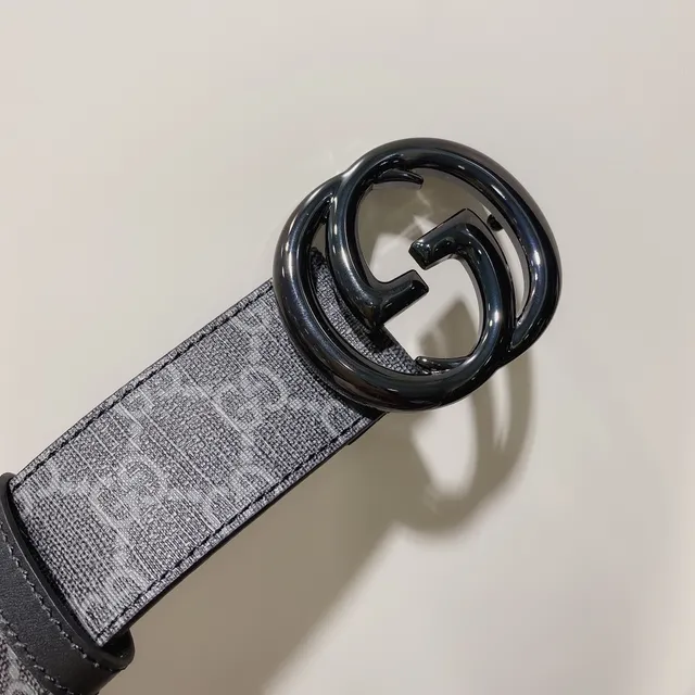 Gucci ग्रे काला मोनोग्राम कैनवास इंटरलॉकिंग डबल जी बकल चमड़े का पेटा 6