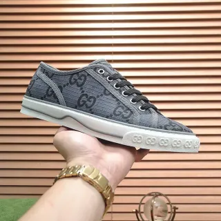 غوتشي رمادي أبيض Monogram-Print كانفاس علوي كعب مطاطي مسطح سنيكرز أسلوب حياة