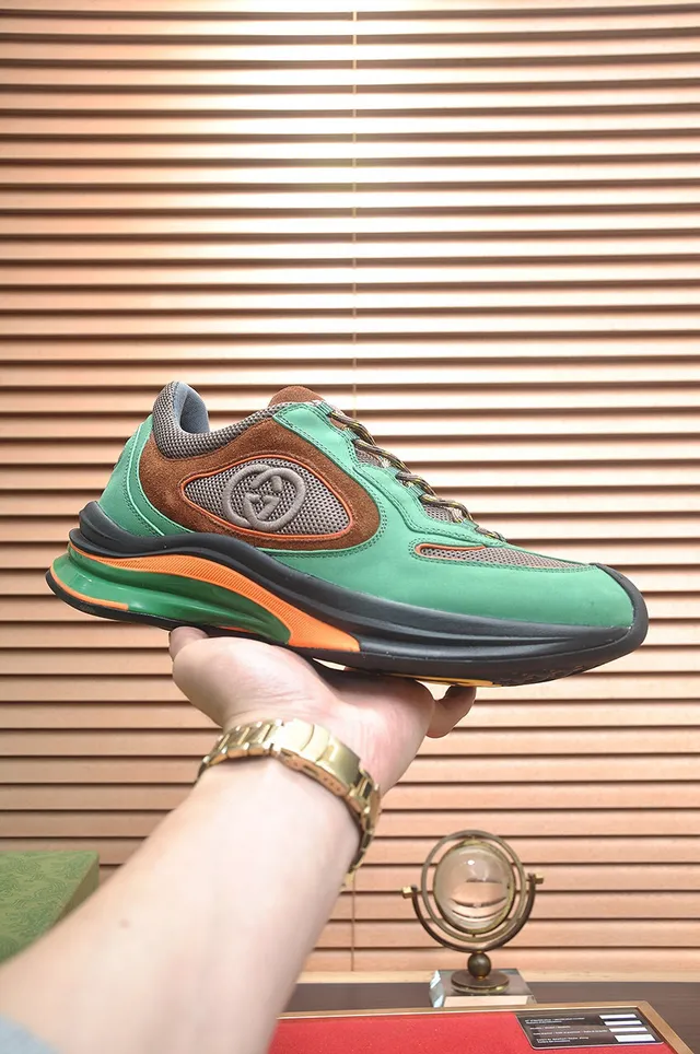 Gucci Green Brown Split-Toe Cap Mixed-Material Upper Lifestyle Sneakers 2