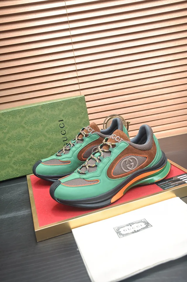 Gucci Green Brown Split-Toe Cap Mixed-Material Upper Lifestyle Sneakers 4