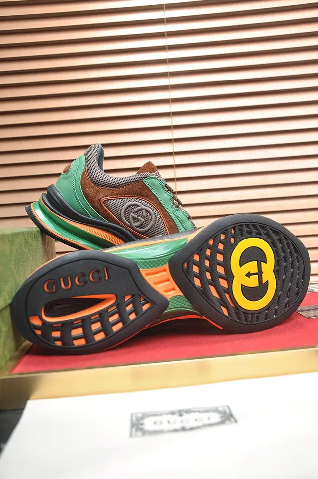 Gucci Green Brown Split-Toe Cap Mixed-Material Upper Lifestyle Sneakers 7
