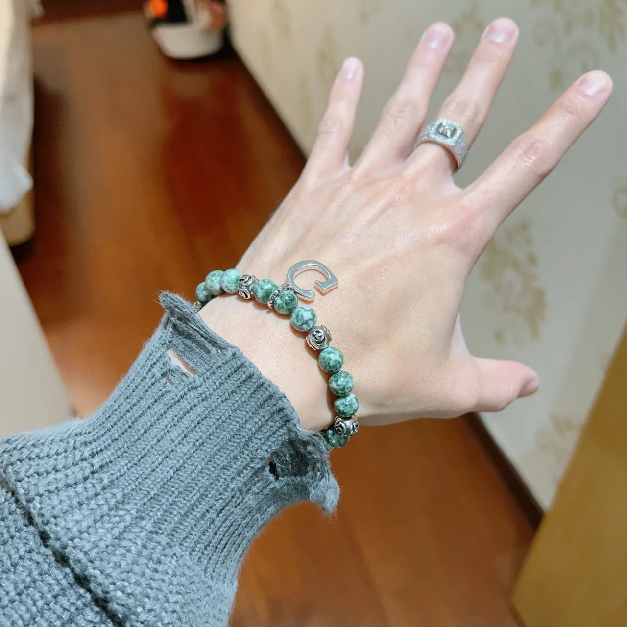 Gucci Green Silver Beaded Marbled Stone Bracelet 2