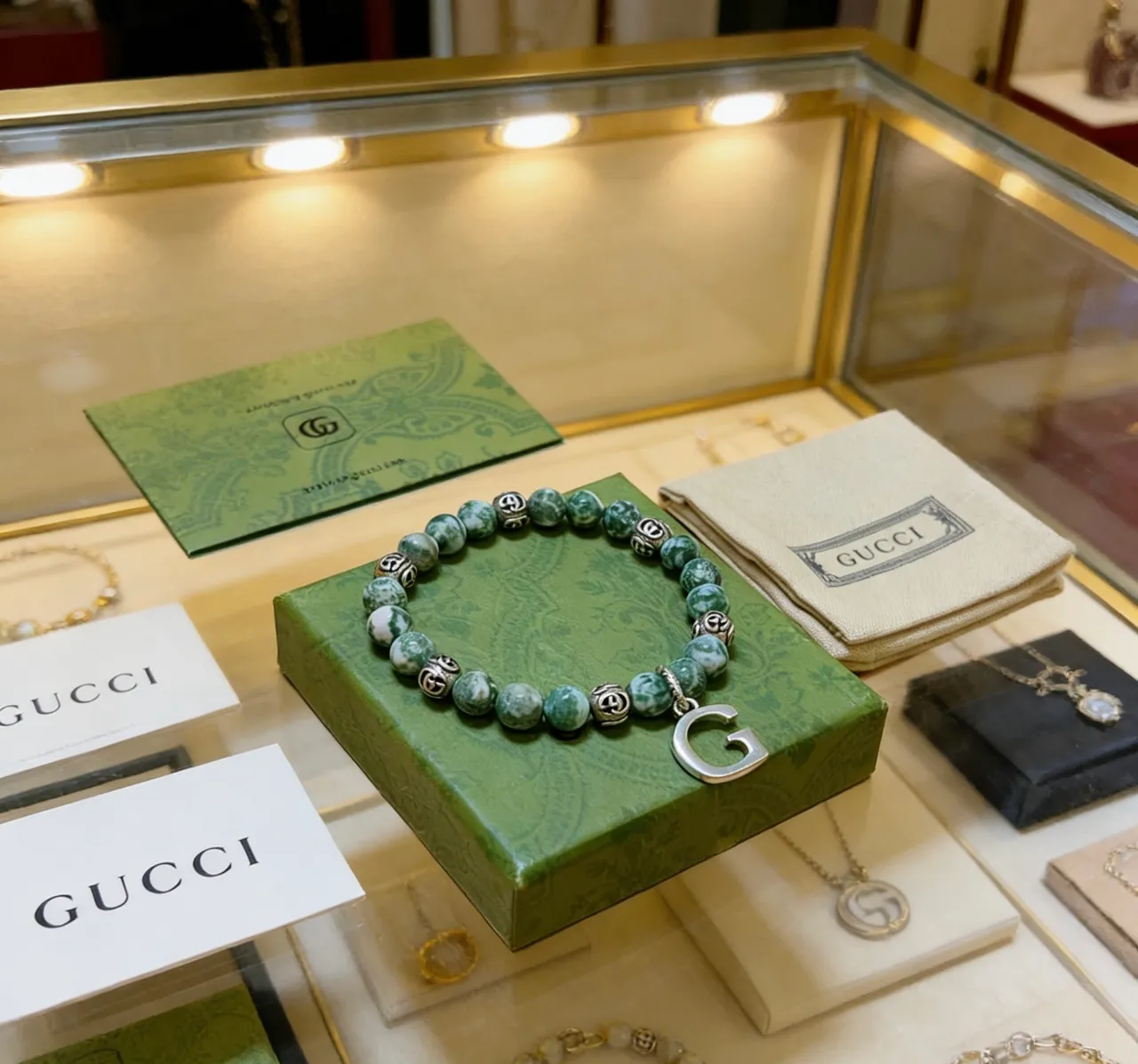 Gucci Green Silver Beaded Marbled Stone Bracelet 3