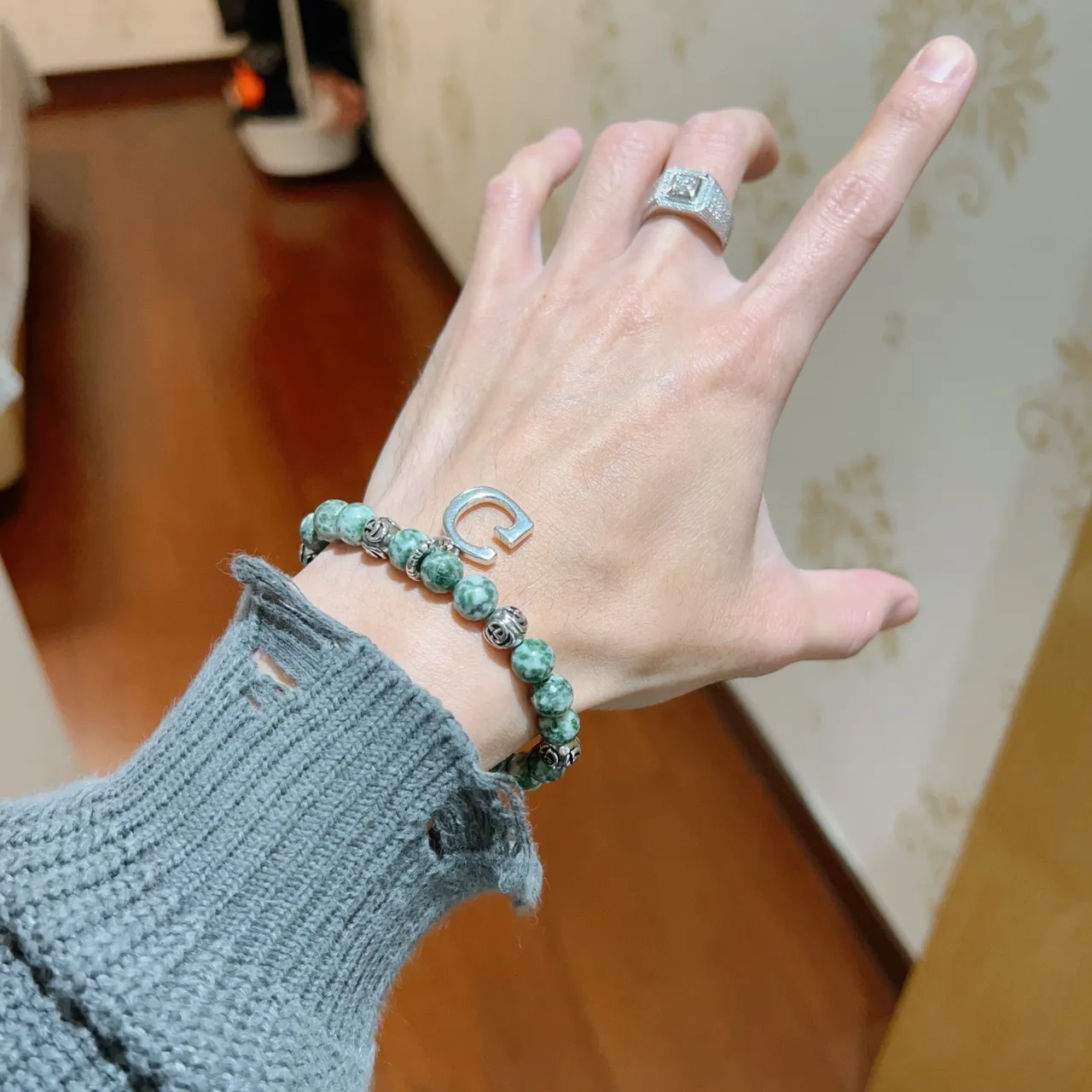 Gucci Green Silver Beaded Marbled Stone Bracelet 5