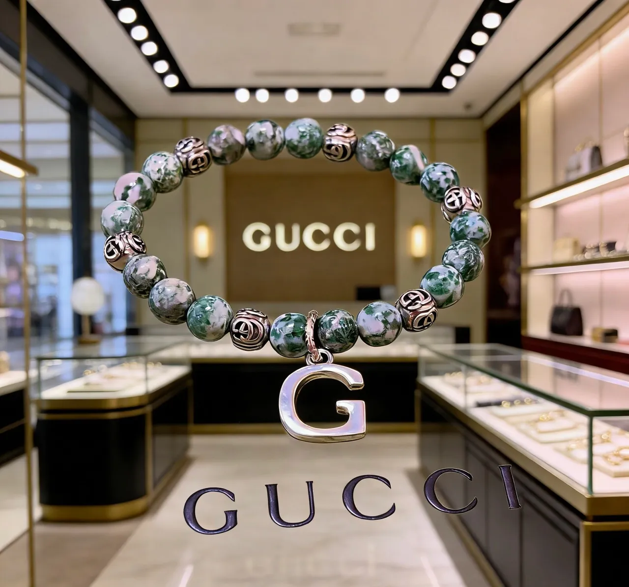 Gucci Green Silver Beaded Marbled Stone Bracelet 6