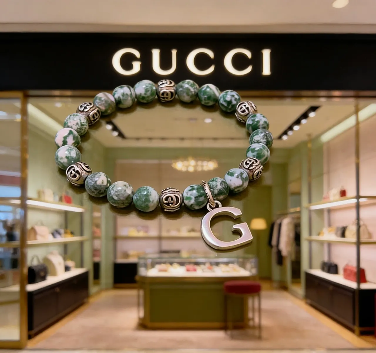 Gucci Green Silver Beaded Marbled Stone Bracelet 8